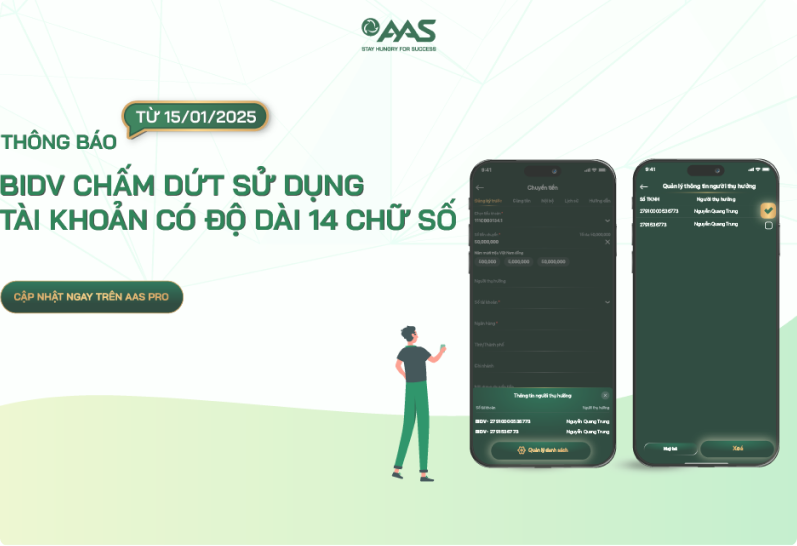 AAS THÔNG BÁO V/V BIDV CHẤM DỨT SỬ DỤNG TK CÓ 14 CHỮ SỐ
